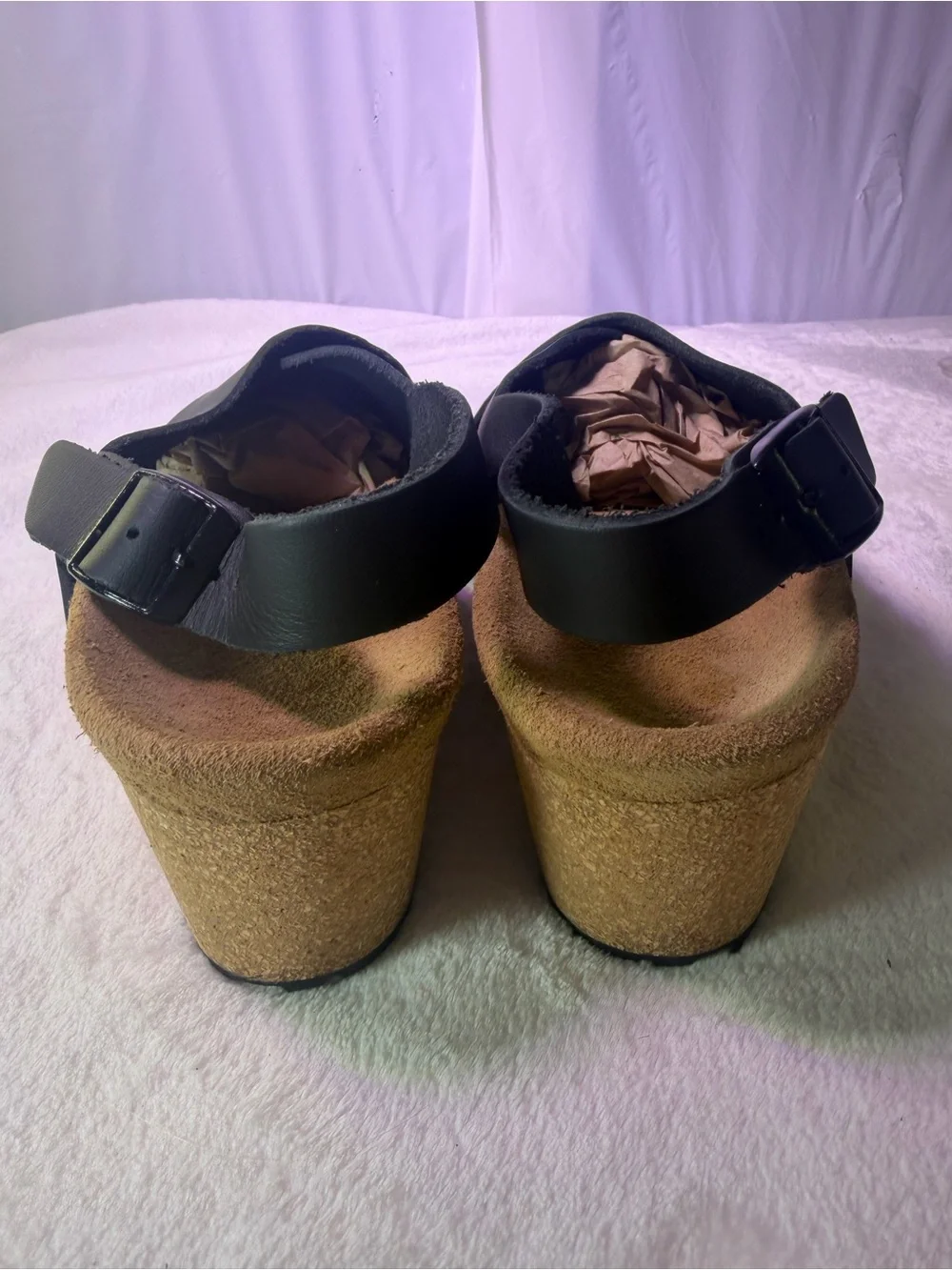Papillio Black Leather Cork Wedge Sandals